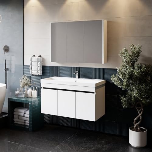 KAREN banyo Badmöbel Weiß | Badmöbelset mit Waschbecken | Waschtisch mit Unterschrank | Keramikwaschbecken | Spiegelschrank | Unterschrank | Badkombination 3 er Set (Venus 100)