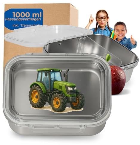 Edelstahl Brotdose Storage 1000 ml - Kinder Vesperbox mit Traktor-Motiv