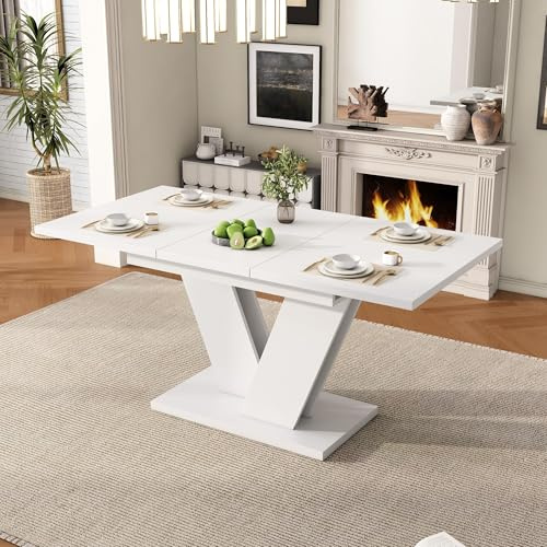 Lahoomu Ausziehbarer Esstisch 120/160 * 80 cm, für 4-6 Personen, Rechteckiger, verdickte Tischplatte, V-förmige Beine, Weiß