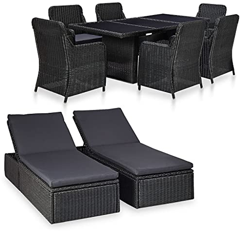 QJBSAVVA 9-TLG. Gartenmöbel Set Poly Rattan Schwarz 200 x 100 cm Esstisch mit 6 Stühlen und 2 Liegen Modernes Design Robustes Lounge Set für Garten Terrasse und Balkon
