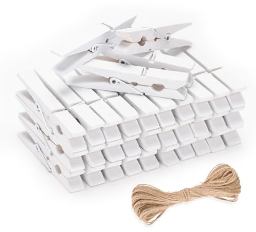 jijAcraft Mollette da bucato in legno bianco, 7 cm, grandi mollette in legno per foto, 50 mollette per foto con filo di iuta da 10 m, per decorazioni di nozze, decorazioni natalizie