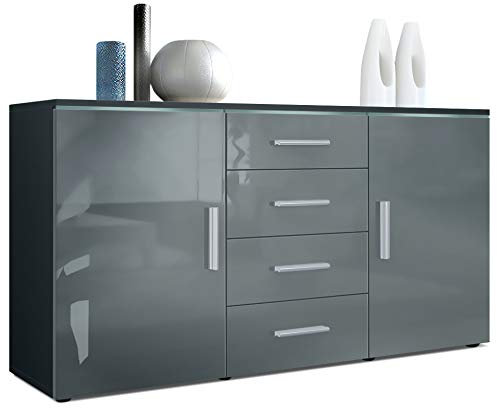 Vladon Sideboard Faro V1 - Kommode mit 2 Türen & 4 Schubladen, Schrank mit LED Lichtleiste, Anthrazit matt/Grau Hochglanz (138,5 x 75,5 x 35)