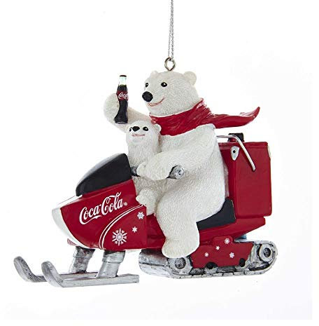Kurt Adler Coca-Cola Eisbär mit Junges auf Schnee reitendes Mobile Ornament für Weihnachten