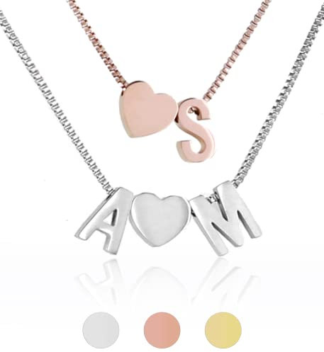 Personalisierte Buchstaben Damen Halskette/Armband aus Edelstahl Namenskette | Karabinerverschluss 45cm + 5cm Extra | Alphabet A-Z | Klassischer schmuck Herz Kette als Geschenk Kette Dreifach