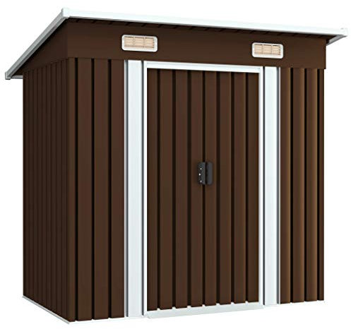 Festnight Garden Storage Shed/Metal Tool Shed, with Door Handle and Corner Protectors, Double Sliding Doors, for Outdoor Garden Brown 194x121x181 cm Steel
