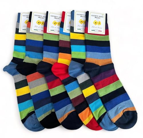 Lucchetti Socks Milano 6 paia calze uomo CORTE cotone filo di scozia elasticizzato estive in fantasia (Taglia 41-46, Set Linee colors 4)