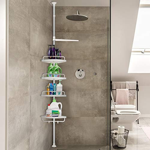 XUANYU Étagère de Douche Télescopique, Étagère Salle de Bain en Acier Inoxydable & plastique, sans perçage, Hauteur Expansion 120-304 cm