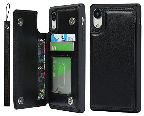 Cavor for iPhone Xr Case with Card Holder,iPhone Xr Wallet Case for Women Men,Phone Case for iPhone Xr Case with Stand and Strap,Leather Shockproof Protective Case for iPhone Xr- Black