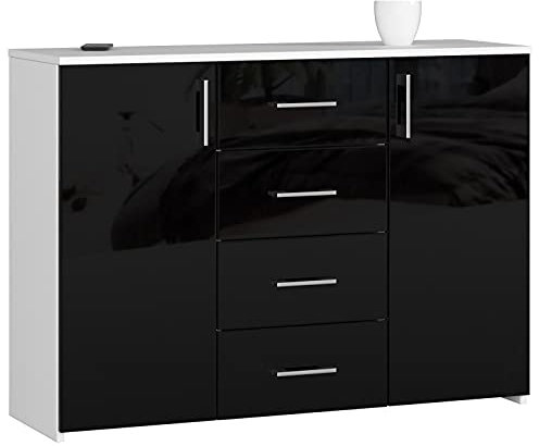 AKORD Kommode K45 mit 4 Schubladen und 2 Ablagefächern mit Türen | für das Wohnzimmer Schlafzimmer Schrank Büro Arbeitszimmer | B110 x H80 x T35 cm, Gewicht 43kg | Weiß/Schwarz Glänzend