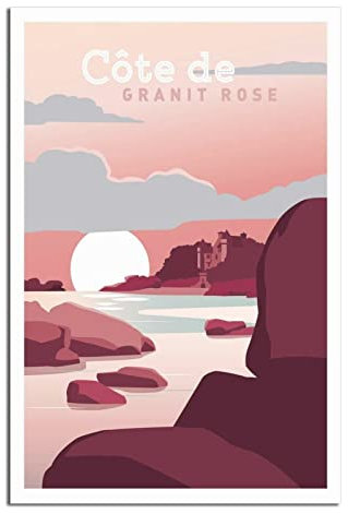UEJD Poster de voyage vintage en granit rose - Côte de Bretagne - Décoration murale moderne pour chambre à coucher