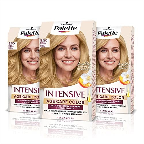 Schwarzkopf Palette Intensive Age Care – Tinte permanente 8.50 Rubio Dorado – Pack de 3- Color rejuvenecedor con elixir de biotina