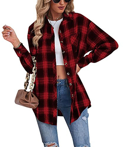 Buliezy Chemise Femme a Carreaux Manche Longue Chemisier élégant Chemise Classique Coton Plaid Veste,Rouge,L