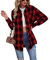 Buliezy Chemise Femme a Carreaux Manche Longue Chemisier élégant Chemise Classique Coton Plaid Veste,Rouge,L