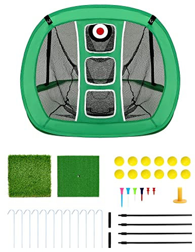 QWORK® Golf Übungsnetz Mit Chipping Netz, 2 Golfmatten, 12 Trainingsbällen Und Zubehör Für Tees