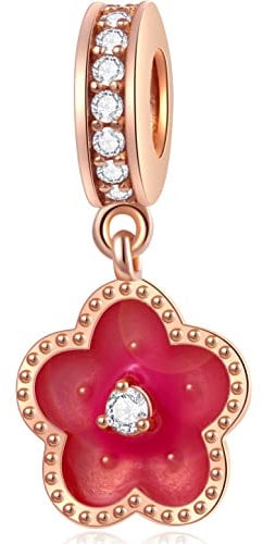 Rosegold Kleine Rot Blume Charms, passend für Pandora Valentinstag Armband, 925 Sterling Silber Blumen Flowers Blüte Emaille Anhänger Perlen mit CZ, Geschenke für Frau/Muttertag/Oma
