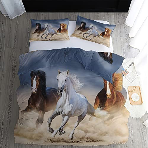 GEDAEUBA Pferde Bettwäsche 155x220 Sommer - Bettbezug 155x220 3 teilig, Wendebettwäsche und Kissenbezug 80x80, Weiche & Angenehme & Atmungsaktive Mikrofaser Bettwäsche-Sets mit Reißverschluss