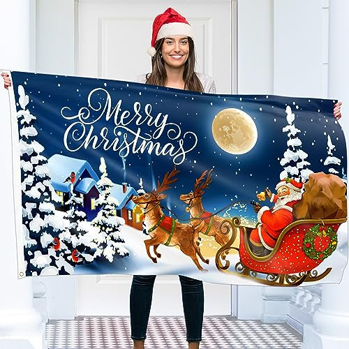 Drapeau de Noël 1,5 x 0,9 m avec œillets – Bannière de Noël Père Noël – Impression numérique vive – Polyester épais 110Den – Double couture
