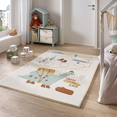 Taracarpet Teppich für das Kinderzimmer Kinderzimmerteppich und Jugendzimmerteppich Soft Kids kuschelig weich in verschiedenen Designs Dino Camping 080x150 cm
