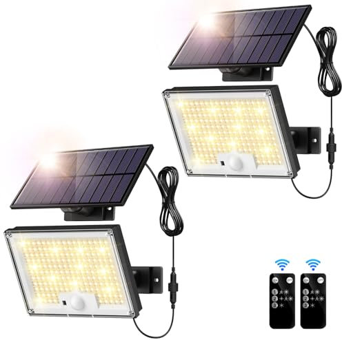 Solarlampen für Außen mit Bewegungsmelder Warmes Licht, Solarleuchten für Außen 172 LED 3 Modi Solar Strahler IP65, Solar Außenwandleuchte Gartenleuchten mit 5m Kabel für Außen, Garage, 2 Stück