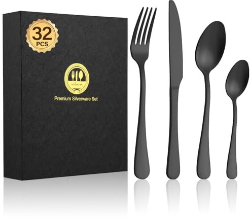 BEWOS 32-Piece Stainless Steel Cutlery Set, Matt Black Knives and Forks Set, Service for 8, Spoon and Fork Set with Gift Box, Tableware Flatware Set with Fork and Spoon Set, Dishwasher Safe