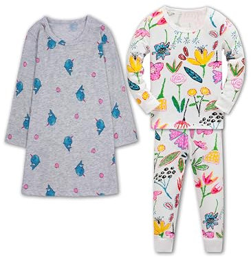 SOIBEEN Girls Pyjamas Nightgowns Set Floral Sleepwear Whale Dress 100% Cotton PJs 3 Years Toddler Clothes Long Sleeve 3-Piece Set