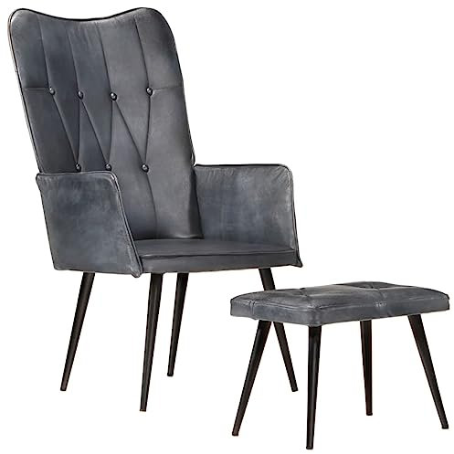 Youuihom Sessel mit Hocker, Moderner TV-Sessel, Cocktail Sessel, Ohrensessel mit Hocker Grau Echtleder Geeignet für Cafe, Empfangsraum, Balkon, Wohnzimmer, Hotel, Gästezimmer