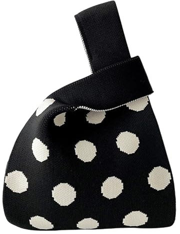 ANIMQUE Damen Häkeln Tragetasche Gestrickt Ärmel Knoten Tasche Geschenk Tasche Kleine Niedliche Tragbare Geldbörse Tote mit Polka-Dot-Muster, Schwarz Weiß