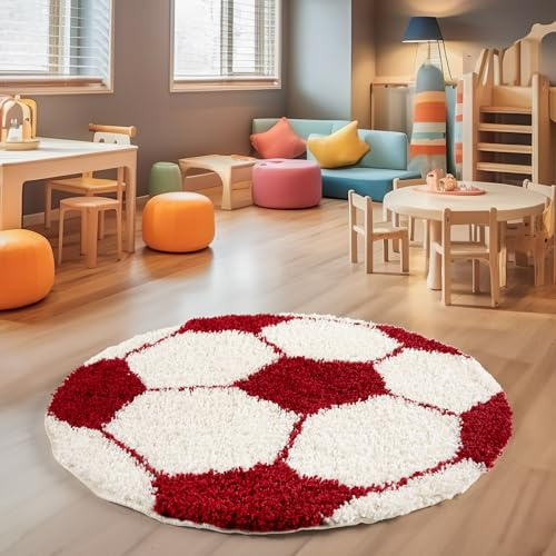 SIMPEX Hochflor Kinderteppich Rund Fußball Design Teppich Kinderzimmer Junge 120 cm Runder Teppich Rot und Weiß Spielteppich für Junge und Mädchen Extra Weich
