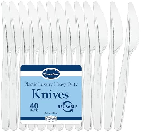 Premium Clear Hard Plastic Cutlery Set - Eco-Friendly, Reusable - Choose Your 40 Pack: Forks, Spoons, Knives, Small Dessert Spoons or Assorted Pack - Perfect for Parties, Events (Knives)