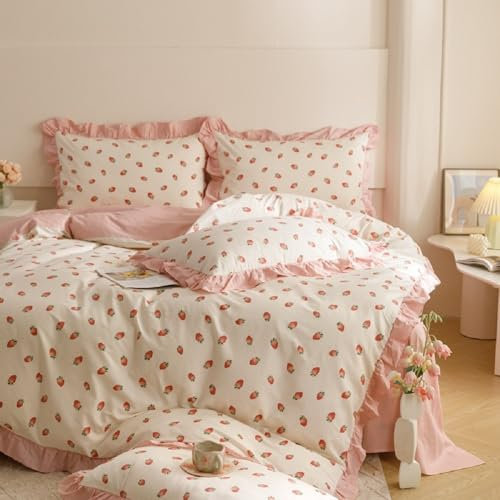 Sedefen Bettwäsche 200x200 cm mit Rüschen Rosa Erdbeeren Muster Wendebettwäsche aus Mikrofaser,ÖkoTex Zertifiziert & für Allergiker Geeignet,1 Bettbezügen & 2 Kissenbezügen 80x80