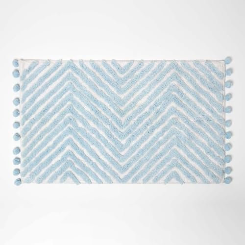 Homescapes Blaue Badematte Zickzack 50x80 cm, Badteppich getuftet, Chevron Badvorleger mit Bommeln