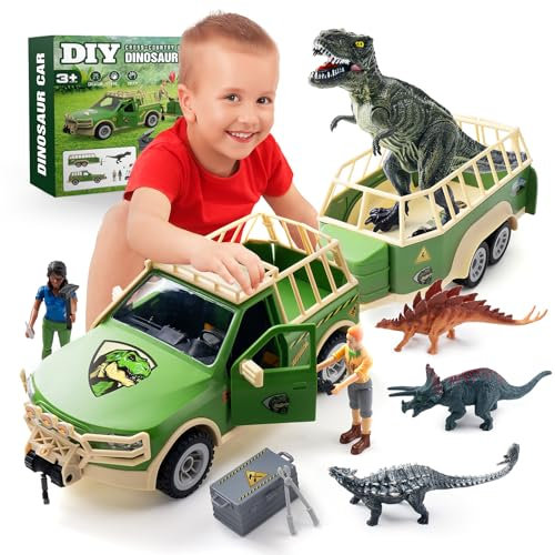 Coroiesty Dinosaurier Spielzeug Set, Tyrannosaurus Rex für Kinder 3-12 Jahre, DIY Transportauto mit 4 Dino Figuren Jungen und Mädchen