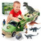 Coroiesty Dinosaurier Spielzeug Set, Tyrannosaurus Rex für Kinder 3-12 Jahre, DIY Transportauto mit 4 Dino Figuren Jungen und Mädchen