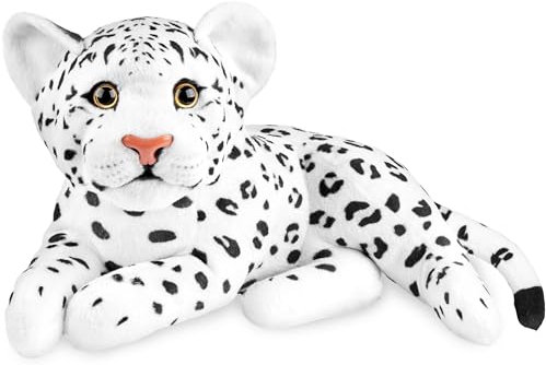 BRUBAKER Leopard Kuscheltier - 30 cm Stofftier - Baby Plüschtier Raubkatze Liegend - Kinder Plüsch Spielzeug - Weiß