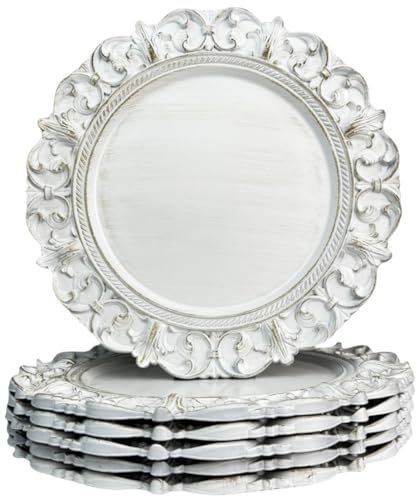 UOEKCS Antique White Charger Plates, 13 Inch Plate Chargers for Dinner Plates. Set of 6 Plastic Embossed Charger for Dinner, Party, Wedding.