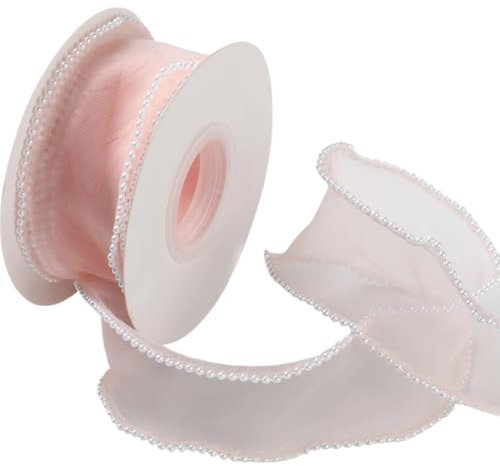 CABODYALS 1 1/2 Zoll Rosa Band Mit Kunstperlenrand Fischschwanz Transparentes Organza Band Mit Draht Glatte Durchsichtige Netzbänder Rollen Mit Spule Zum Nähen Basteln Blumensträuße Dekoration