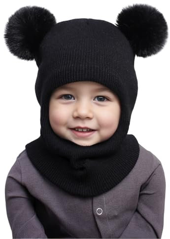 DRESHOW Cagoule Bébé Fille Garçon Bonnet Echarpe Hiver Chaud Cache Oreilles Chapeaux Tricoté Capuche Doux avec Double Pompon pour Tout-petit Childs Filles Garçon 1-6 Ans