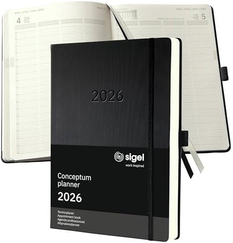 SIGEL C2604 Planungsbuch XXL, Terminkalender 2026, A4+, 1 Tag = 1 Seite, für 4 Personen, schwarz, Hardcover, 480 Seiten, Gummiband, Stiftschlaufe, Archivtasche, Kalenderbuch Conceptum