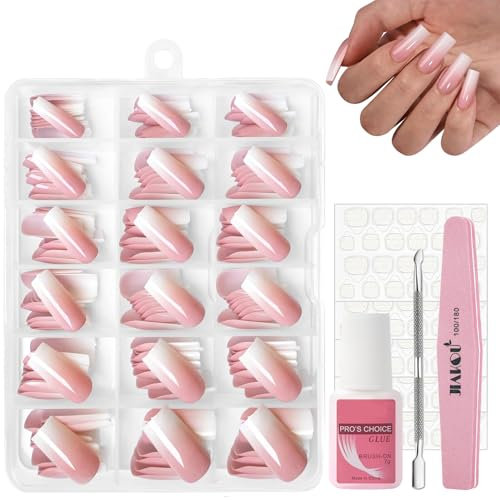 240Pcs French Ombre Press on Nails Set, Natural Gradient Pink False Nails Kit, Ombre Square Fake Nails Pink Tips Long, 12 Sizes Glossy Full Cover Stick on Nail with Glue for Women Girls Nails Art