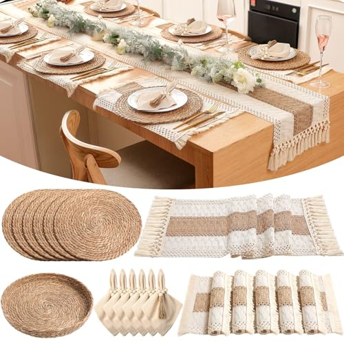 Gandeer 6 Sets Boho Decoration Placemats Round Woven Placemats, Cloth Napkins, Wood Bead Napkin Rings, Long Table Runner and Farmhouse Burlap Cotton for Table Kitchen (Khaki,12x72)