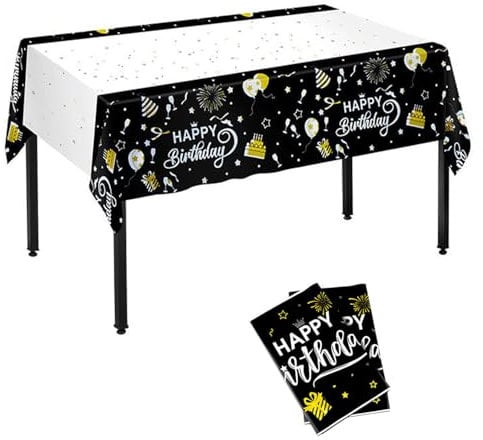 GOIEHIR Geburtstag Tischdecke, 274 x 137 cm Schwarz und Weiß, 2 Stück, Wasserdicht und Ölbeständig, für Urlaubspartys und Picknicks im Freien