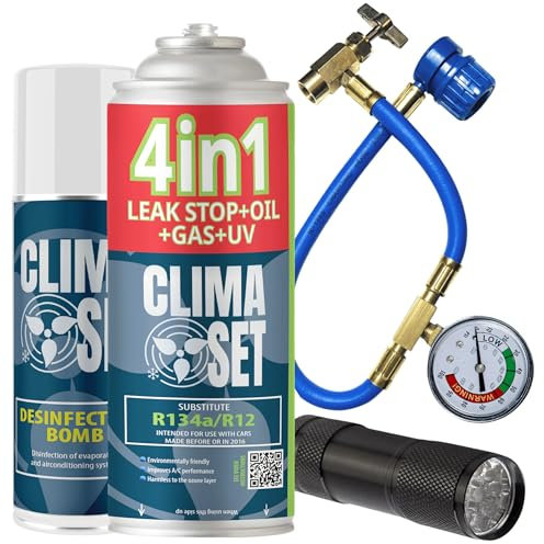 CLIMASET - KIT completo AC R134a 4in1, sostituzione del gas, per auto 1994-2016 - Soluzione per il condizionamento - sigillante, colorante UV, refrigerante - con cavo, rinfrescante e lampada UV