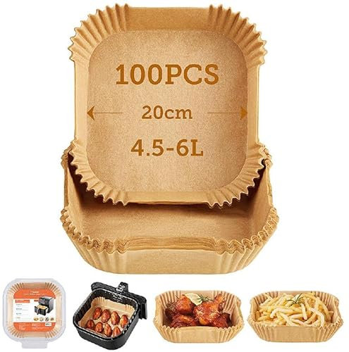 SMART-J Carta Forno Quadrata per Friggitrice ad Aria 16x16x4,5 cm – 100 Pezzi, Usa e Getta, Antiaderente, Resistente all'Olio e all'Acqua, Ideale per Air Fryer, Forno e Cottura (20 x 20 x 4,5 cm)