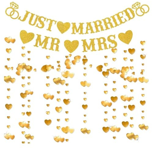 Just Married Banner & Wedding Bunting Decorations - Gold Glitter Heart Garland Set with Mr & Mrs Hanging Decor for Bridal Showers, Anniversary Celebrations and Reception Party Supplies