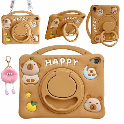 Capybara Coque 3D en silicone souple avec support rotatif et lanière pour iPad Air 1ère et 2ème génération et iPad Pro 2016/iPad 5e 6e 9,7 Motif personnage de dessin animé kawaii Capybara