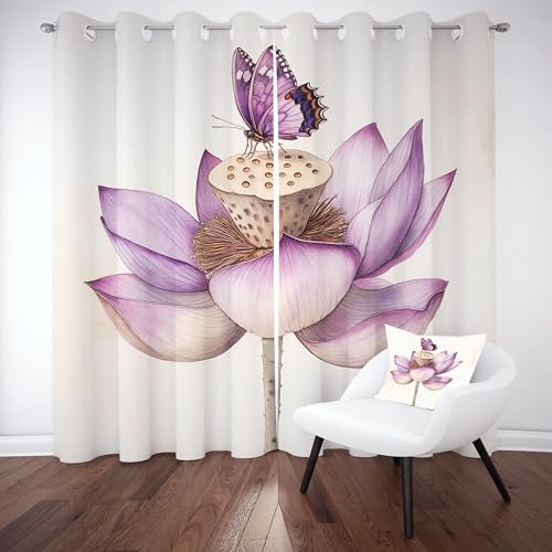 Aesthetic Blumenmotiv Gardinen Blickdicht 240x132 cm, Lotus Schmetterling Vorhänge Schlafzimmer 2er Set, Lila Blütenblatt Verdunkelungsvorhange Wohnzimmer mit Ösen Thermo Kälteschutz Schallschutz