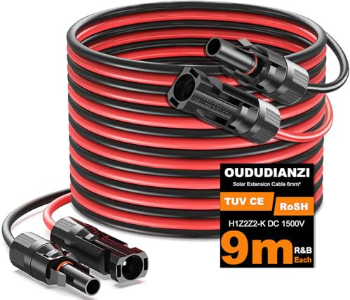 Oududianzi Cable Solar 6mm²/4mm², Prolongador Cable Placa Solar 1/2/3/5/8/10/15/20/30m, Cable de Extensión, Cable fotovoltaico con Conectores para Paneles Solares Sistemas (6mm² 8m)