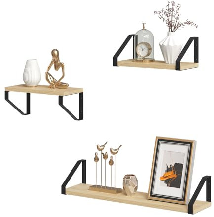 EUGAD Wandregal 3er Set, Wanddeko für Artbeitszimmer, Wohnzimmer, Küche, Schweberegal Helle Eiche+Schwarz, 60x11x15 cm und 30x11x15 cm, 0341QJ