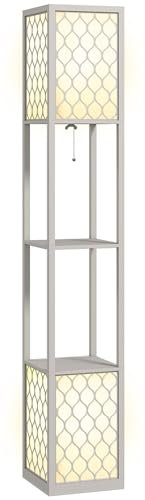 HOMCOM Lampadaire étagère, 2 lampes, lampe de salon sur pied avec douille E27, 2 étagères 4 niveaux, motif nid d'abeille, lampadaire salon, abat-jour en terylenecotton, gris