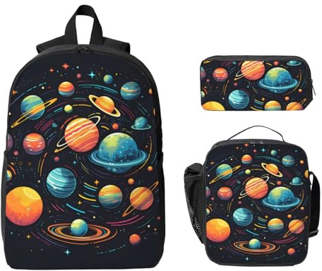 Sonnensystem Rucksack Set für Mädchen Jungen mit Lunchtasche Federmäppchen Weltraum Planet 3 Stück Schultaschen Isolierte Lunchbox Geschenke für Frauen Männer